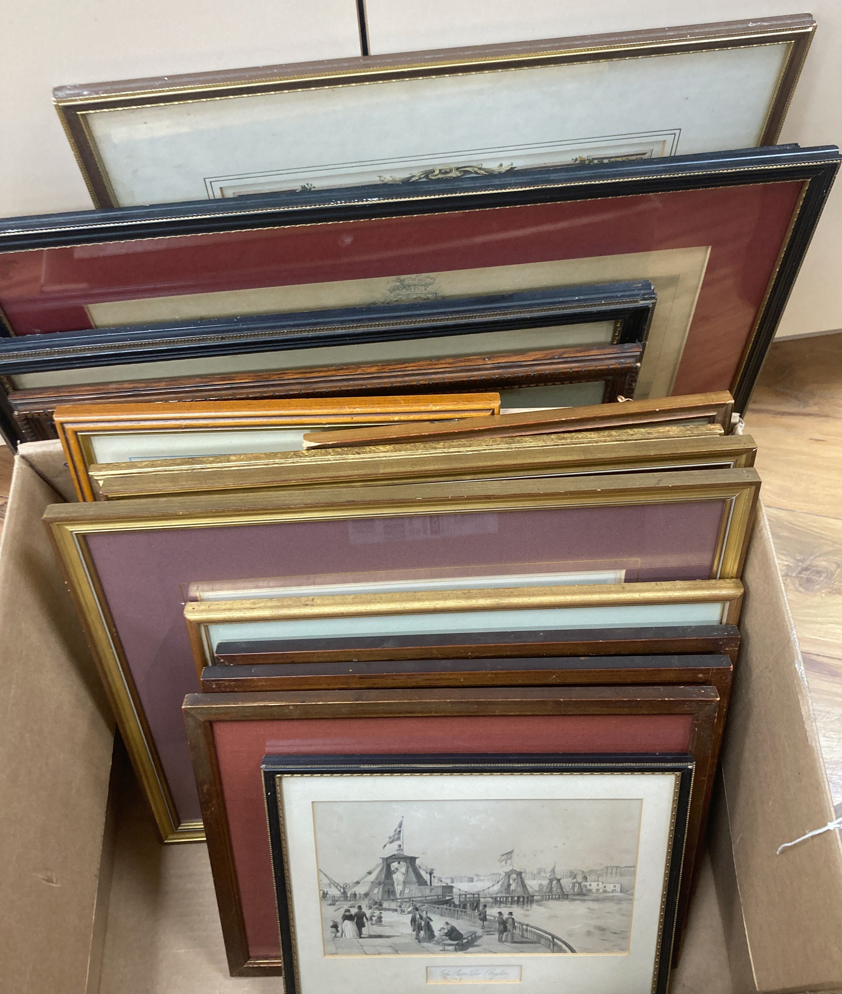 A collection of assorted engravings, aquatints and other prints of Brighton, largest 30 x 47cm. (16).